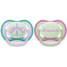 Carregar imagem no visualizador da galeria, Avent 2pk Girls Ultra Air Night Pacifiers (0-6M | Butterfly/Dreams)