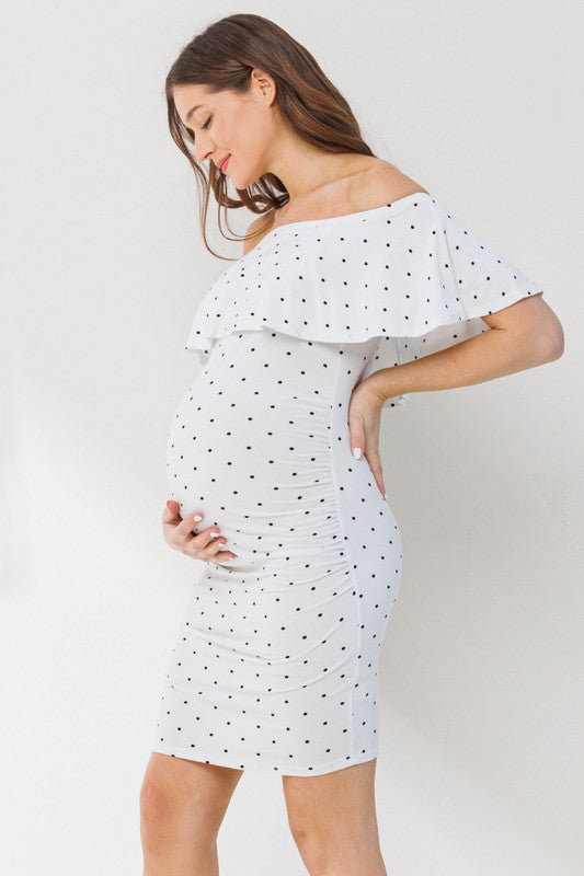 off the shoulder maternity dress white Hello Miz Polka Dot Ruffled Off Shoulder Maternity Dress