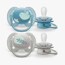 Load image into Gallery viewer, Avent 2pk Boy Ultra Soft Pacifiers (6-18M | Grey/ Blue Bird)