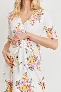 Hello Miz Floral Surplice Tie Waist Maternity Dress - Ivory