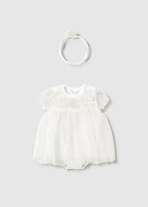 Mayoral Baby Girl White Sparkle Bodysuit Dress with headwrap