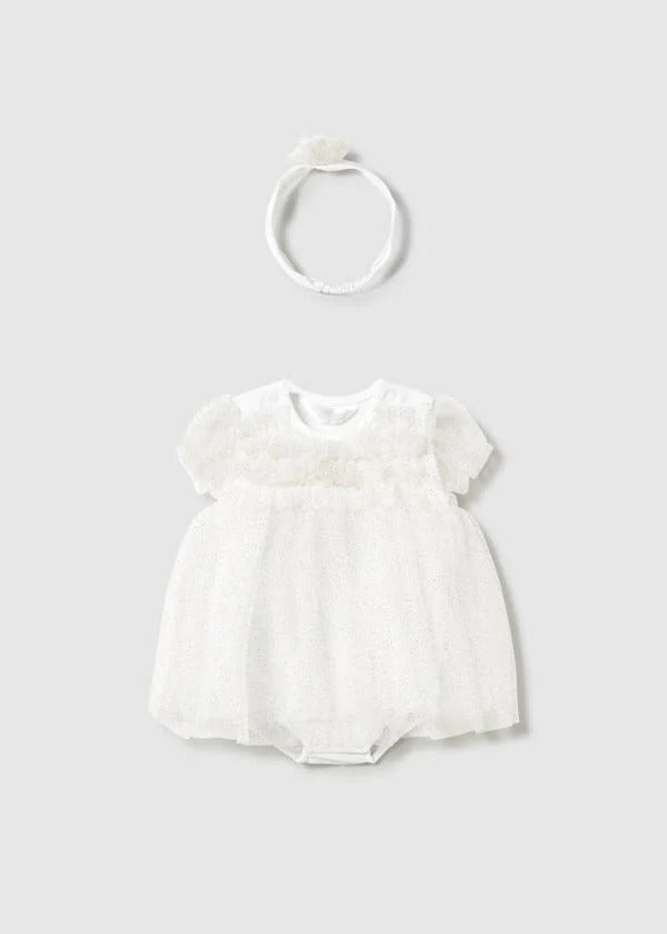 Mayoral Baby Girl White Sparkle Bodysuit Dress with headwrap