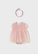 Mayoral Baby Girl Pink Sparkle Bodysuit Dress with headwrap