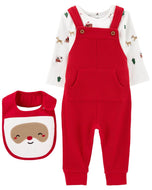 Carter's 3pc Baby Neutral Bib, Longsleeve Tee & Red Overall Set