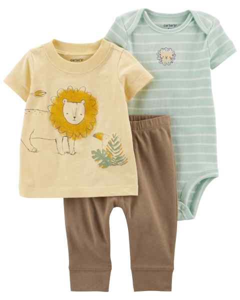 Carter's 3pc Baby Boy Pastel Green Bodysuit, Yellow Lion Tee and Pants Set