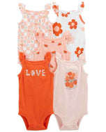 Carter's 5pc Baby Girl Peach-Orange Flowers-Fruit Tank Bodysuits Set
