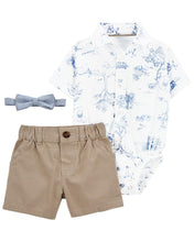 Load image into Gallery viewer, Carter&#39;s 3pc Baby Boy Ivory Blue Print Shirt Bodysuit, Khaki Chino Short and Chambray Bowtie Set
