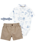 Carter's 3pc Baby Boy Ivory Blue Print Shirt Bodysuit, Khaki Chino Short and Chambray Bowtie Set