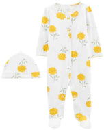 Carter's 2pc Baby Girl White Yellow Flowers Cap & Zip-Up Coverall Set