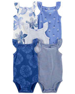 Carter's 5pc Baby Girl White-Blue Flowers Tank Bodysuits Set