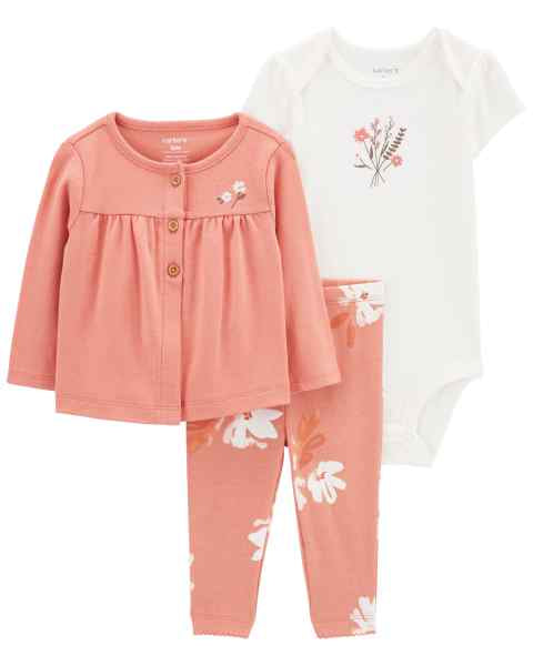 Carter's 3pc Baby Girl White Bodysuit, Pink Cardigan and Pant Set