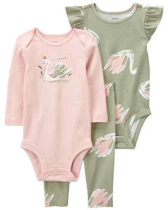 Carter's 3pc Baby Girl Pink Swan Bodysuit, Green Swan Bodysuit and Pant Set