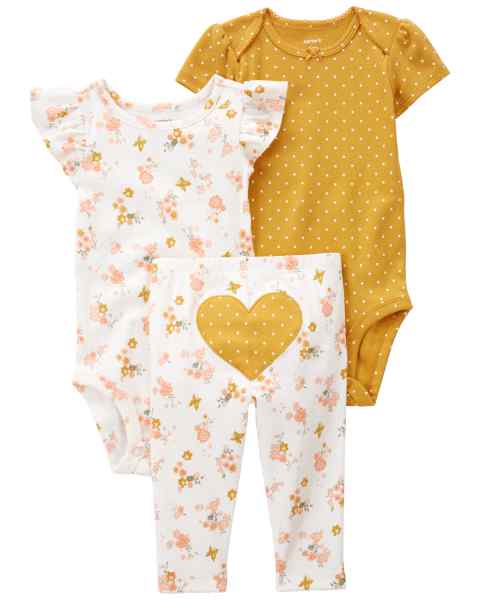 Carter's 3pc Baby Girl Yellow Bodysuit, Floral Bodysuit and Pant Set