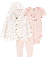 Carter's 3pc Baby Girl Pink Bodysuit, Ivory Floral Cardigan and Pant Set