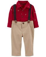 Carter's 3pc Baby Boy Red Dino Shirt Bodysuit, Khaki Chino Pants and Suspender Set