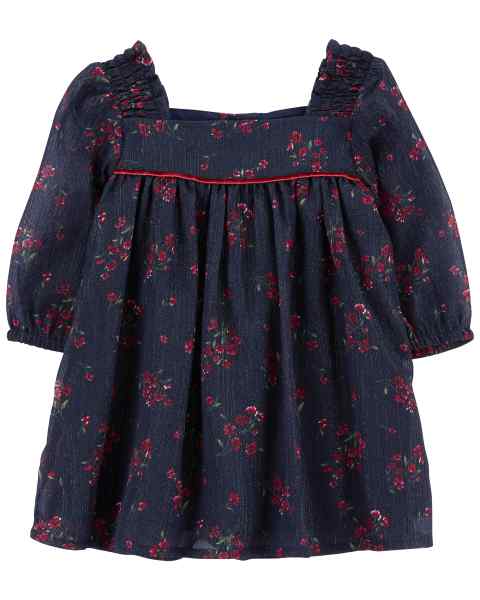 OshKosh Baby Girl Chiffon Red Floral Navy Shimmer Babydoll Dress