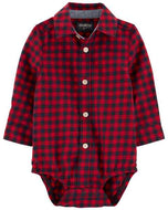 OshKosh Baby Boy Red Plaid Front Button  Long Sleeve Bodysuit Shirt