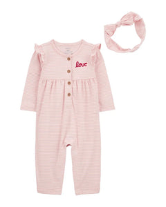 Carter's 2pc Baby Girl Valentine Button-Up Jumpsuit and Headwrap Set