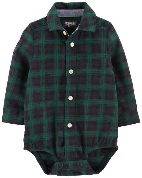 OshKosh Baby Boy Green Plaid Front Button  Long Sleeve Bodysuit Shirt