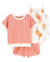 Cargar imagen en el visor de la galería, Carter&#39;s 3pc Baby Girl Ice Cream Terry Bodysuit, Top and Shorts Set
