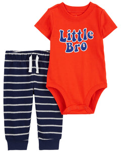 Carter's 2pc Baby Boy Orange Little Bro Bodysuit and Navy Striped Pants Set