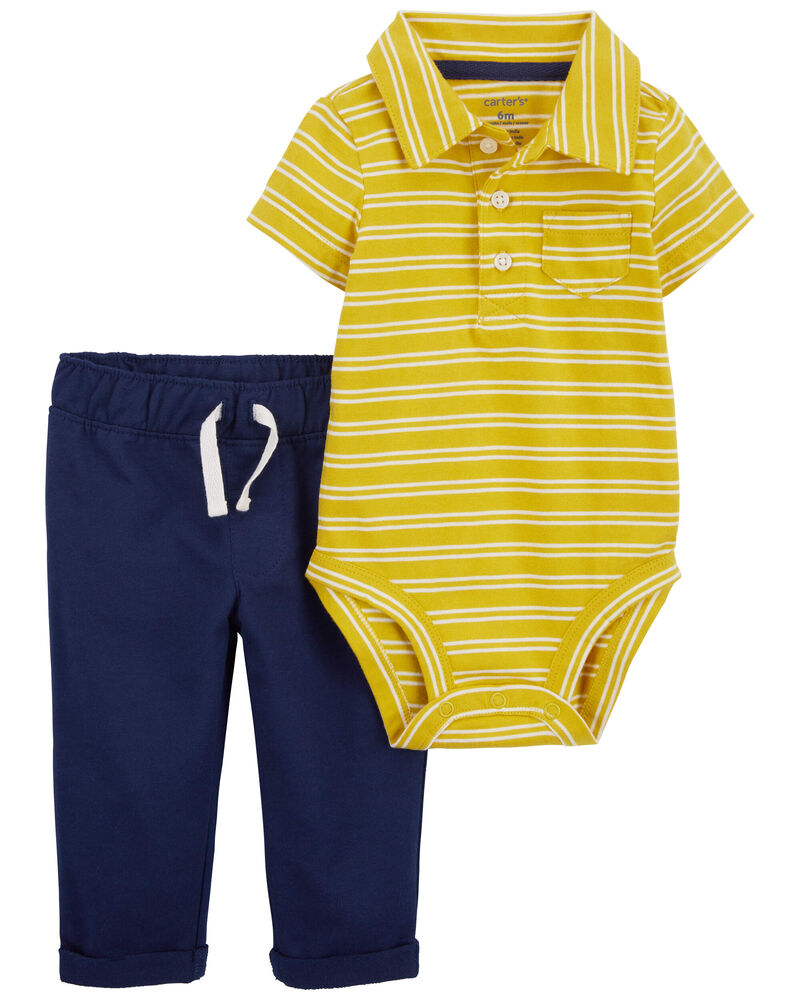 Carter's 2pc Baby Boy Yellow Striped Polo Bodysuit and Navy Pants Set