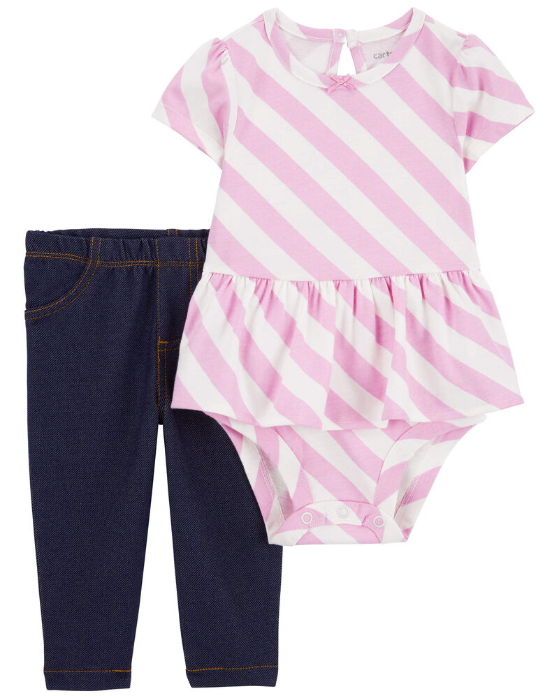 Carter's 2pc Baby Girl Pink Striped Bodysuit and Denim Stretch Pants Set