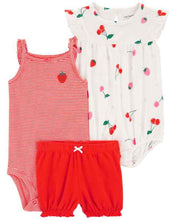 Load image into Gallery viewer, Carter&#39;s 3pc Baby Girl Red Strawberry Bodysuits and Shorts Set
