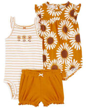 Load image into Gallery viewer, Carter&#39;s 3pc Baby Girl Brown Sunflower Bodysuits and Shorts Set
