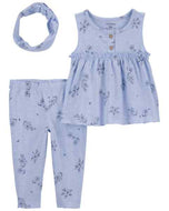 Carter's 3pc Baby Girl Blue Floral Top, Floral Pants and Headwrap Set