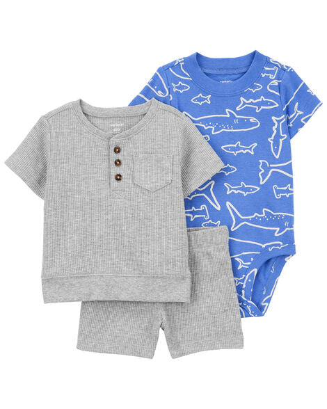 Carter's 3pc Baby Boy Grey Henley Tee, Blue Sharks Bodysuit & Grey Shorts Set