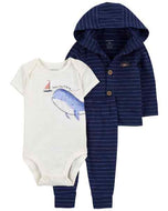 Carter's 3pc Baby Boy Hooded Cardigan, White Bodysuit & Striped Pants Set