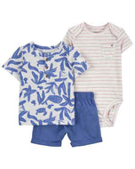 Carter's 3pc Baby Boy Blue Print Tee, Striped Bodysuit & Blue Shorts Set