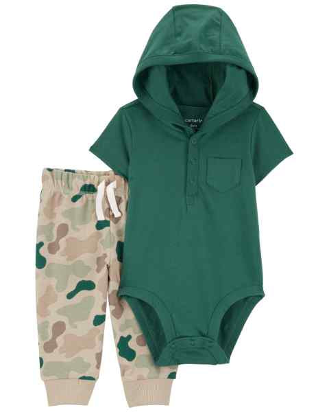 Carter's 2pc Baby Boy Green Hoodie Bodysuit and Camo Pants Set