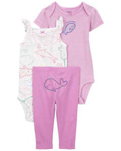 Load image into Gallery viewer, Carter&#39;s 3pc Baby Girl Purple Whale Bodysuits and Pants Set
