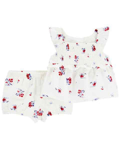 OshKosh 2pc Baby Girl White Floral Top and Bubble Shorts