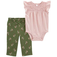 Carter's 2pc Baby Girl Pink Bodysuit and Green Floral Pants Set