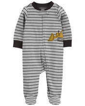 Cargar imagen en el visor de la galería, Carter&#39;s Baby Boy Grey Striped Bulldozer 2-Way Zip Coverall Sleep &amp; Play
