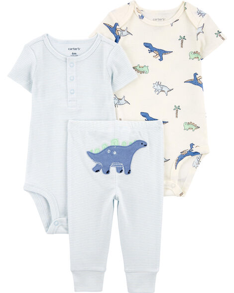 Carter's 3pc Baby Boy Blue Dinosaurs Bodysuit, Striped Bodysuit and Pants Set