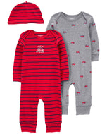 Carter's 3pc Baby Boy Red Car Jumpsuits and Cap Set