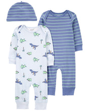 Afbeelding in Gallery-weergave laden, Carter&#39;s 3pc Baby Boy Blue Dino Jumpsuits and Cap Set
