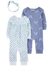 Carregar imagem no visualizador da galeria, Carter&#39;s 3pc Baby Girl Blue Floral/ Butterflies Jumpsuits and Headband Set
