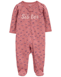 Carter's Baby Girl Pink Little Sister Print 2-Way Zip Footie Coverall Sleep & Play