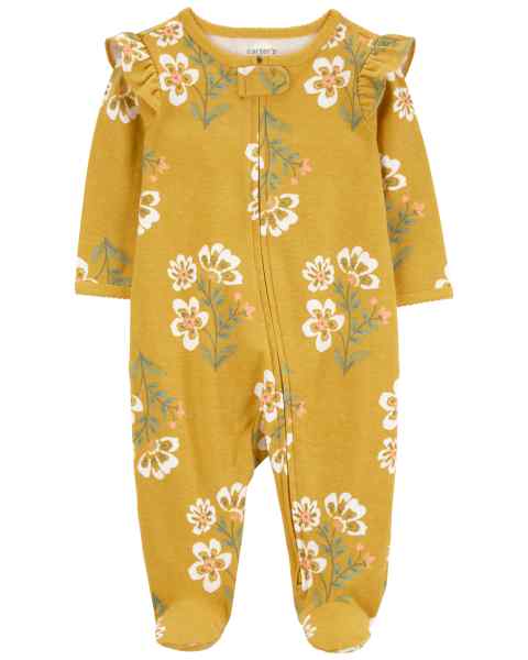 Carter's Baby Girl Mustard Floral Print Zip-Up Footie Coverall Sleepwear