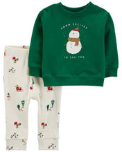 Load image into Gallery viewer, Carter&#39;s 2pc Baby Neutral Green Snowman Long-sleeve Top and Pants Set
