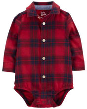 Afbeelding in Gallery-weergave laden, OshKosh Baby Boy Red Plaid Front Button Long Sleeve Bodysuit Shirt
