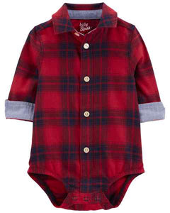 OshKosh Baby Boy Red Plaid Front Button Long Sleeve Bodysuit Shirt