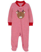 Load image into Gallery viewer, Carter&#39;s Baby Red Striped Reindeer Christmas Zip-Up Footie Coverall Sleepwear
