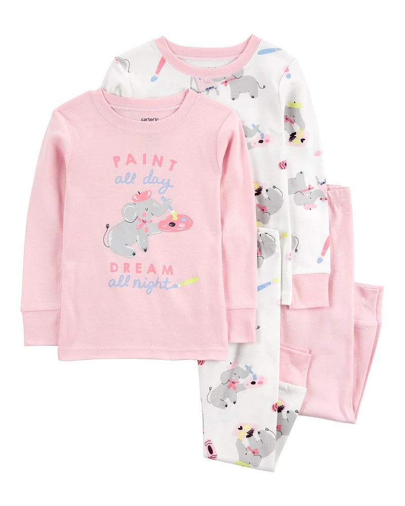 Carter's 4pc Baby Girl Elephant Paint all Day Snug Fit Cotton Pajama Set