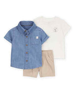 Carter's 3pc Baby Boy Chambray Shirt, White Tee and Khaki Shorts Set